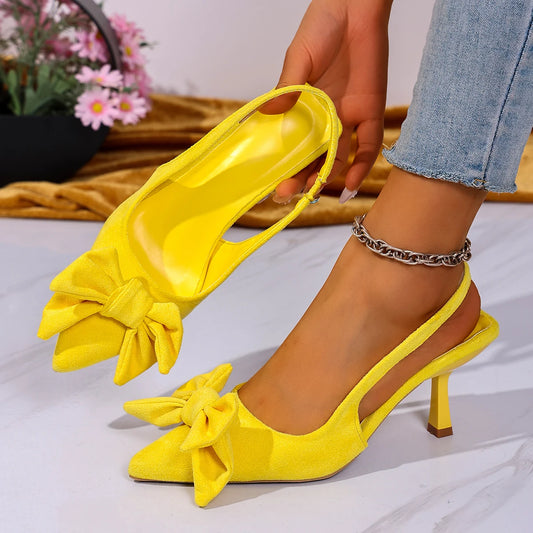 Summer Bow Wrapped Stiletto Sandals Women's Fashion Pointed Toe Shallow Mouth Slip Foot Anti-Slip Wear-Resistant High Heels