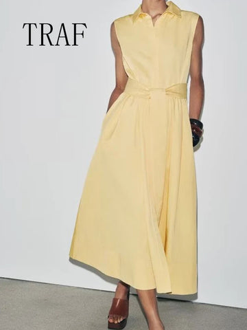 TRAF European and American style summer new fashion sleeveless waist with belt dress fashion shirt skirt women's clothing