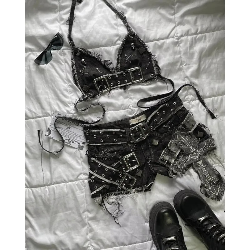 Harajuku sexy hot girl ceiling design mini denim skirt for women high quality embroidery American vintage Y2K two-piece set 2025