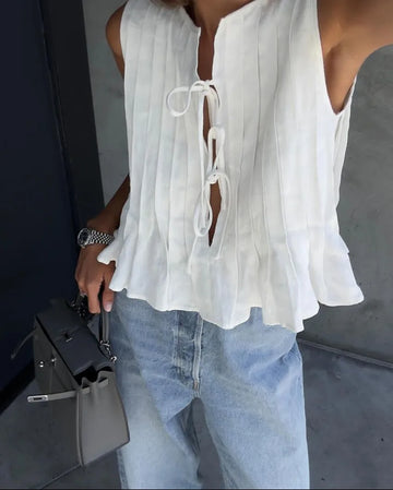 Fashion Bow Lace Up Shirts Women Cotton Linen Hollow Out Sleeveless Pleated Blouses Woman 2024 Summer New Casual Lady White Tops