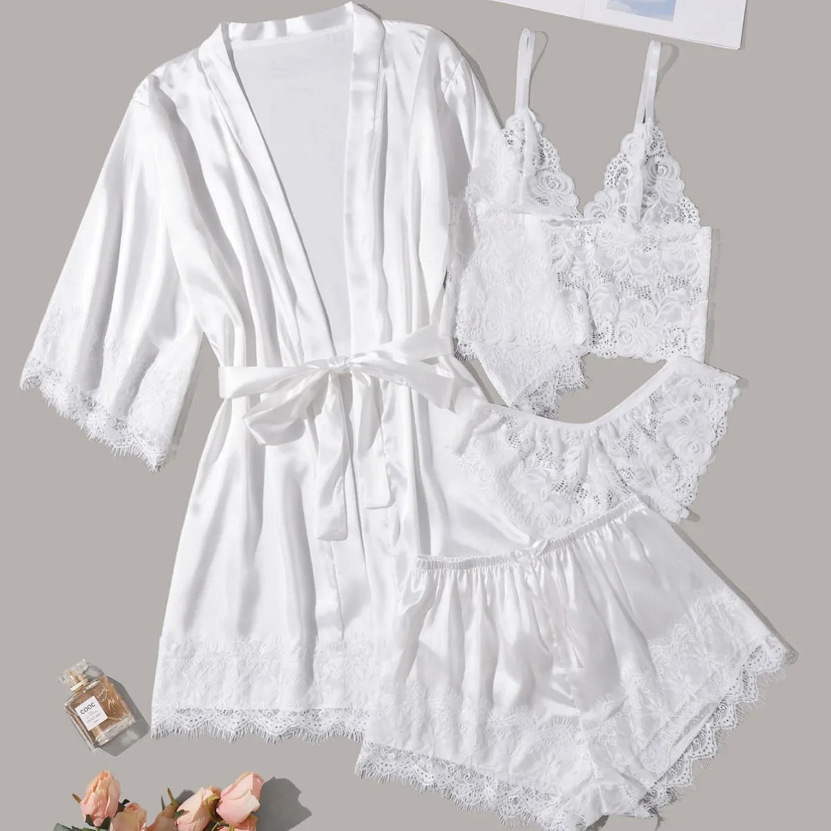 4PCS Women's Long Pajamas Set White Lace Satin Silk Night Lingerie Tops And Shorts Casual Sleepwear Loose Wedding Home Gown