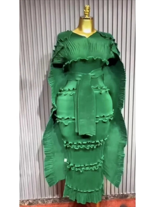 Miyake Solid Color V-neck Pleated French Three-dimensional Fungus Edge Cake Dress Women's Loose Long Dresses 2025 Spring New