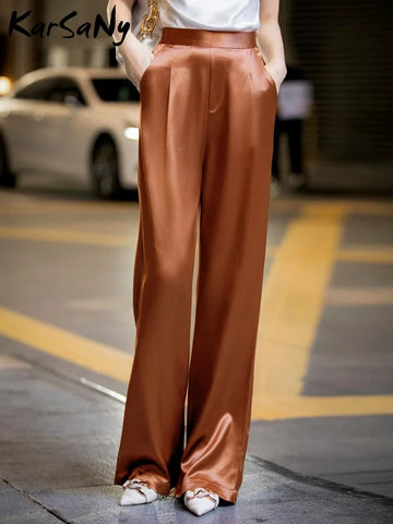 Silk Satin Pants For Women Wide Leg Pant Summer Basic Solid Elastic High Waist Slimming Straight Loose Leg Casual Women's Pants