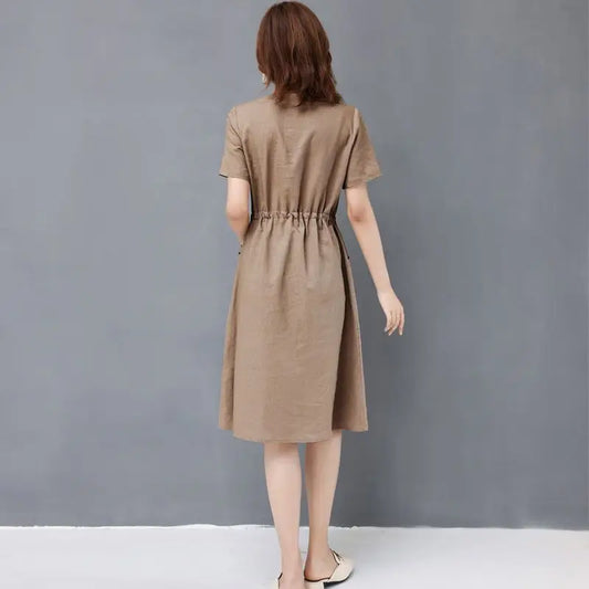 Elegant Cotton and Linen Women's Dress Draw String High Waist Breathable Midi Dresses Half Sleeve V-Neck A-Line Dress Summer
