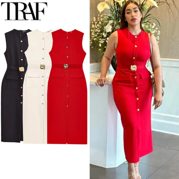TRAF Red Black Women's Dress Sleeveless Casual Elegant Woman Party Dress Summer Belt Button Long Dresses Tank Midi Dress 088