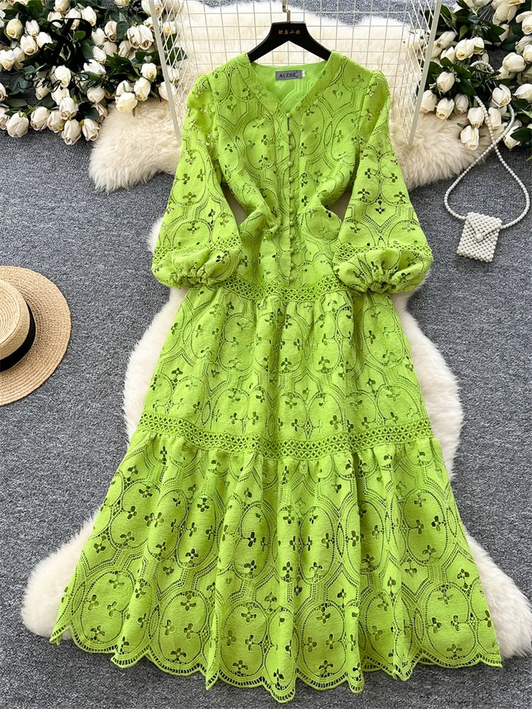 SINGREINY French Vacation Fashion Dress Women Buttons Hook Flower Hollow Out Design 2025 High Quality Lace Ruffles Long Dress