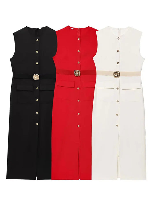 TRAFZA Women Elegant Solid Dress Back Zipper O Neck Sleeveless Dresses With Belt 2025 Summer Casual Office Lady Dress Vestidos