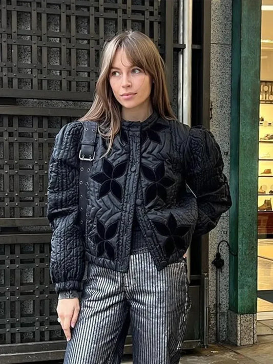 Casual Solid Printed Padded Women Jacket O-neck Full Sleeves Lady Coat 2024 Fashion Autumn Covered Button Female Loose Outwear