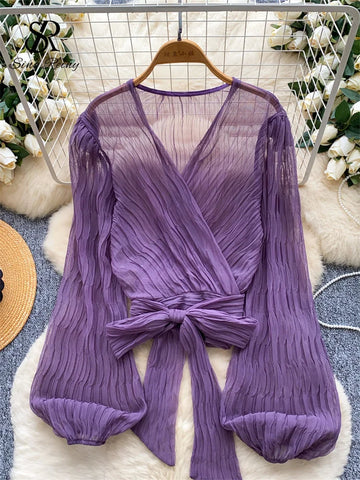 SINGREINY Summer Thin Sheer Tops Puff Sleeves Cross Lace Up V Neck Blouses Women Fashion Y2K Vintage Beachwear Sun-proof Shirt