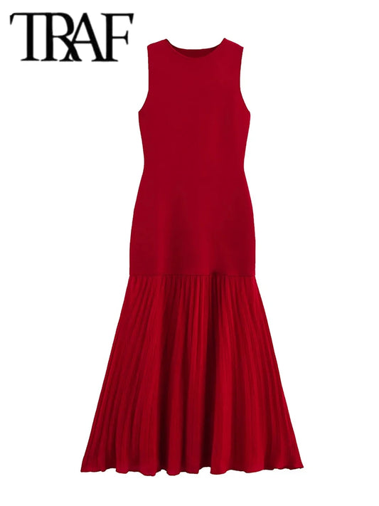TRAF Spring Summer New Women's Dress Pleated Patchwork Simple Temperament Knitted Sleeveless Long Dresses for Women 2025