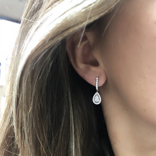Huitan Silver Color Pear Shaped Drop Earrings for Women Full Paved White Cubic Zirconia Delicate Girl Earrings Statement Jewelry