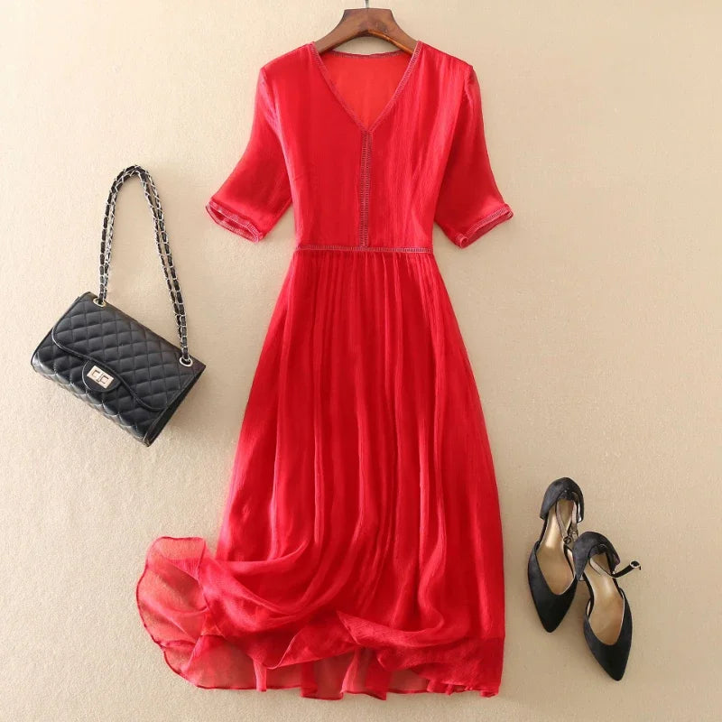100% Real Silk Summer Dress Women Elegant Red Dresses For Women Clothing Office Lady Holiday Beach Dress Vestido De Mujer Zm274