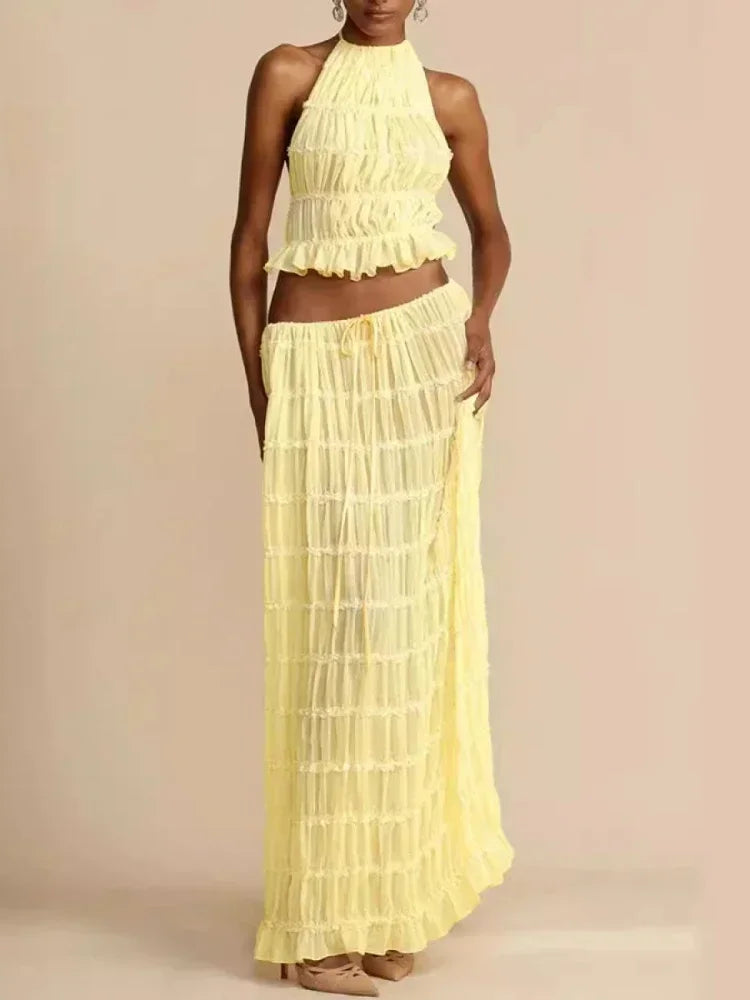 New Summer Female 2 Piece Set Outfits Ashion Halter Neck Long Skirt Suit Women Backless Sling Top Lace Up Fold Maxi Skirts