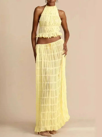 New Summer Female 2 Piece Set Outfits Ashion Halter Neck Long Skirt Suit Women Backless Sling Top Lace Up Fold Maxi Skirts